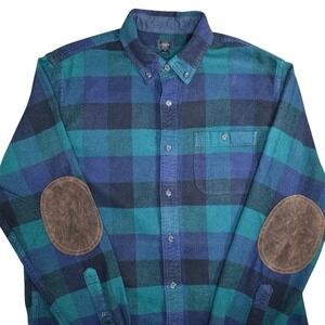 J.Crew Wool Blend Flannel Shirt Mens M Blackwatch Plaid Elbow Patch